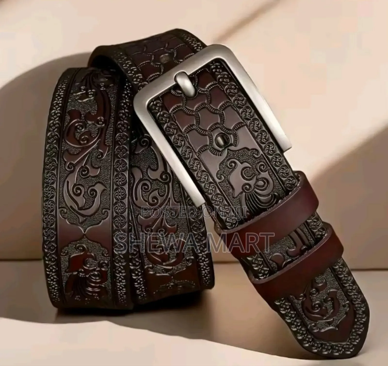 Leather Belt Casual Black Men's Belt Vintage Pressed Flower Design