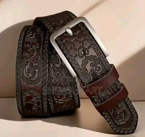 Photo - Leather Belt Casual Black Men's Belt Vintage Pressed Flower Design