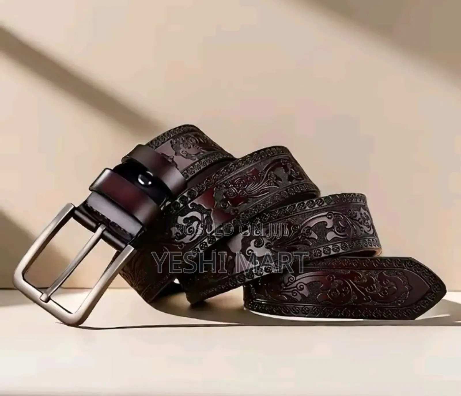 Leather Belt Casual Black Men's Belt Vintage Pressed Flower Design