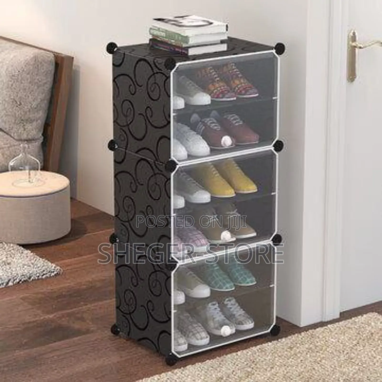Plastic Cube Shoe Rack (ዘመናዊ የጫማ ማስቀመጫ
ፍሬሙ ጠንካራ የብረት ሽቦ )12ጥንድ ጫማ የሚይዝ
