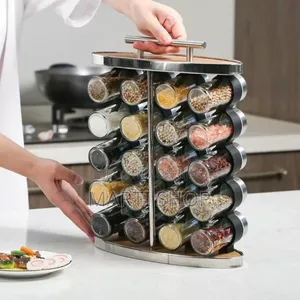 16 Set Spice Carousel Glass Jar With Rack