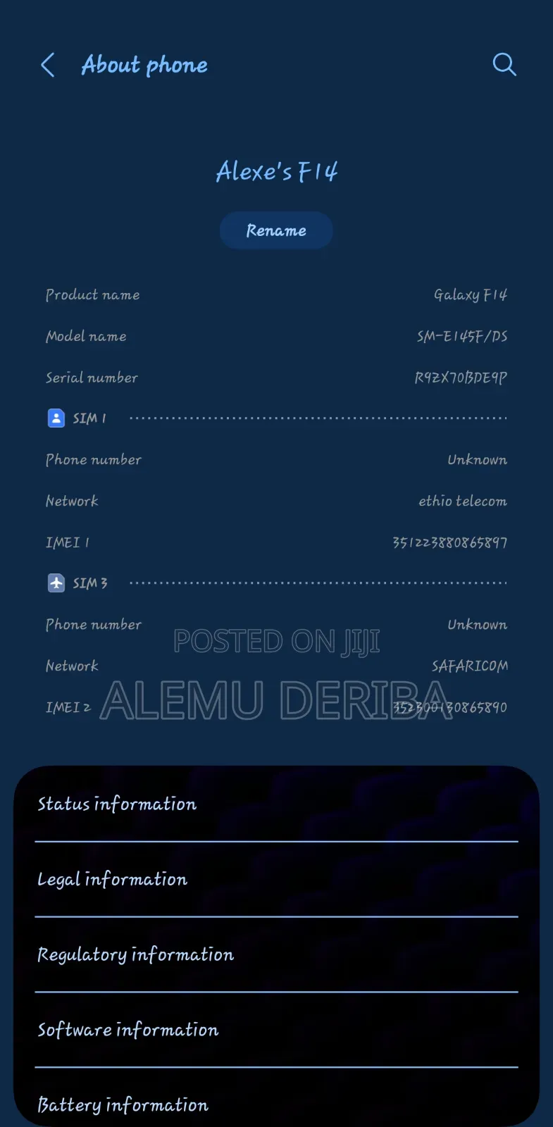 ንጹህ ሳምሰንግ F14 ምንም እንከን የሌለበት ገንዘቡ ስለተፈለገ ብቻ እሚሸጥ 5000ባትሪ እረዝም ጊዜ