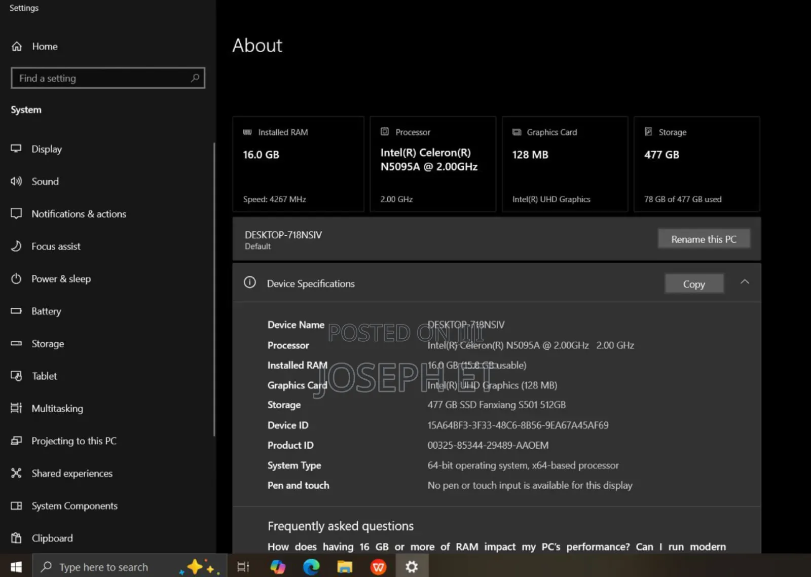 Laptop 16GB Intel Core I7 SSD 512GB