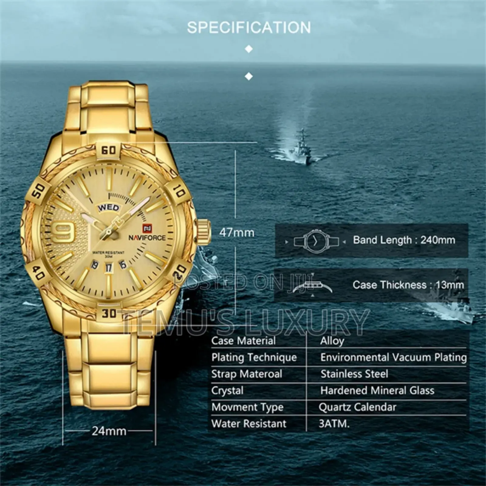 Navifrce Mens Watch Gold Luxury Waterproof Watches for Men Nf9117s