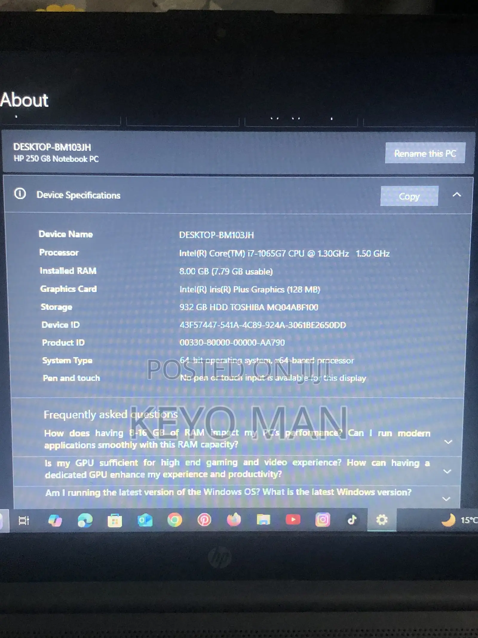 Laptop HP 250 G8 8GB Intel Core I7 HDD+SSD 1T