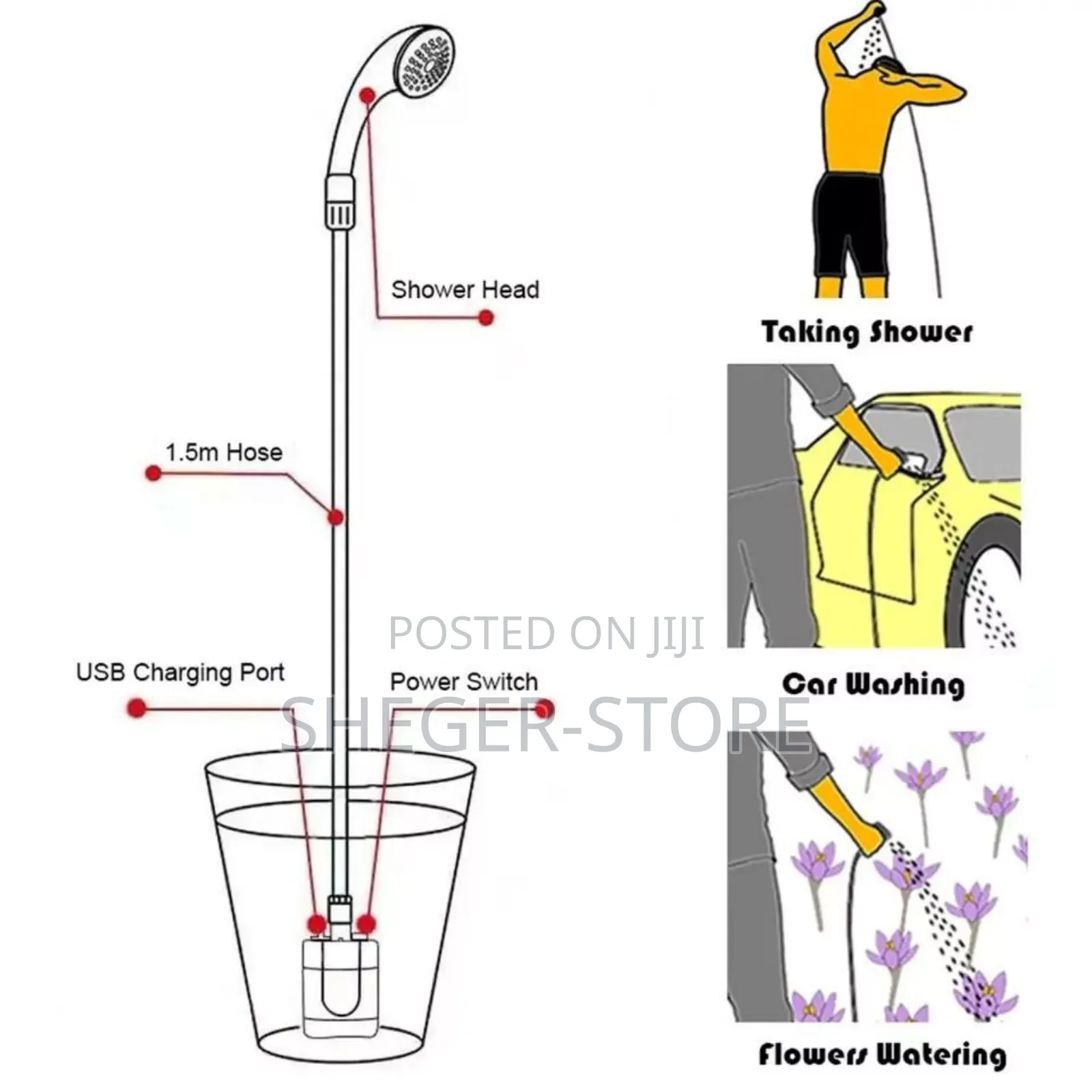 Orginal Portable Outdoor Shower Pump (በቻርጅ የሚሰራ ተንቀሳቃሽ ሻወር ፓምፕ ) 1.5m