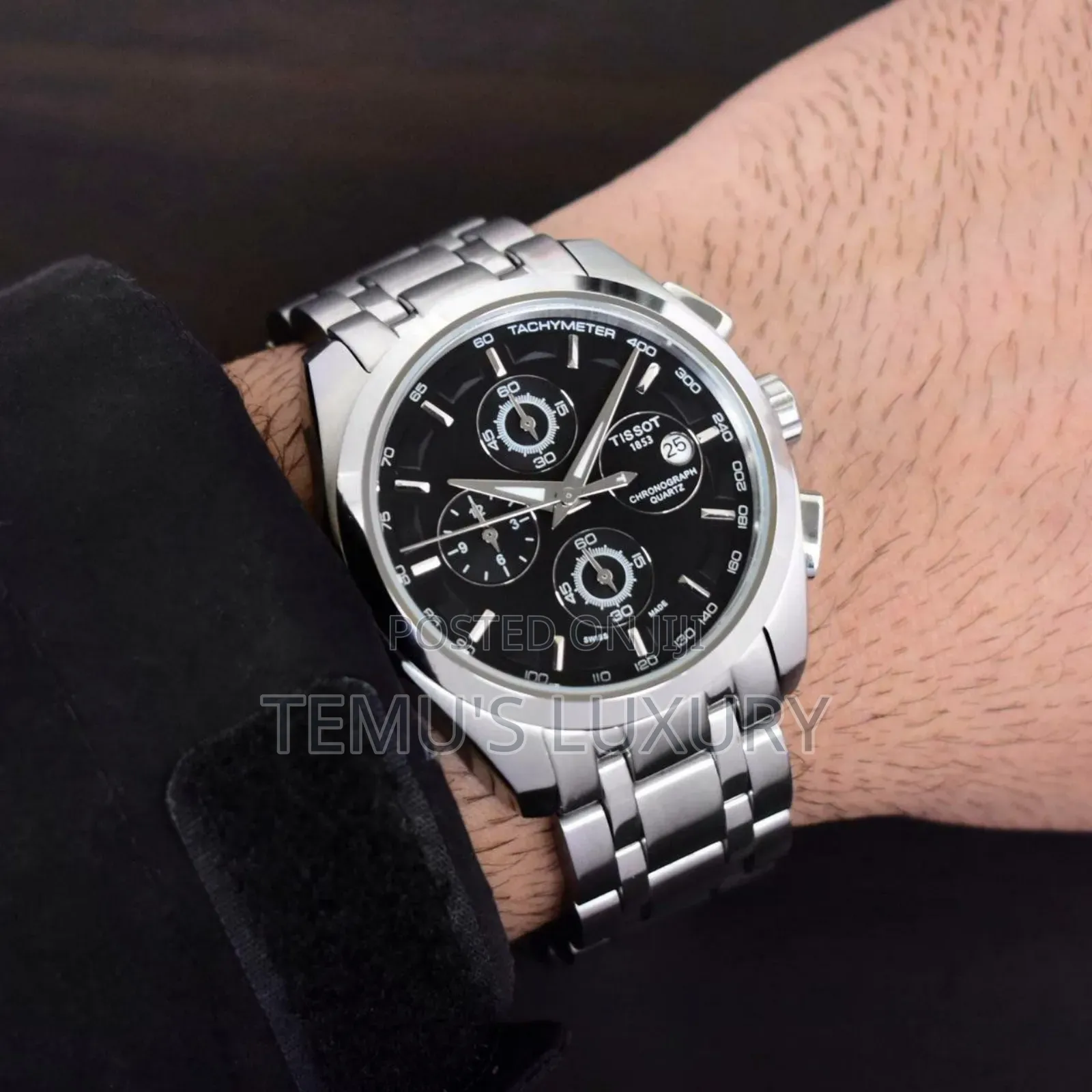 Tissot 1853 Chronograph Watch With a Black Dial and a Silver Metal .