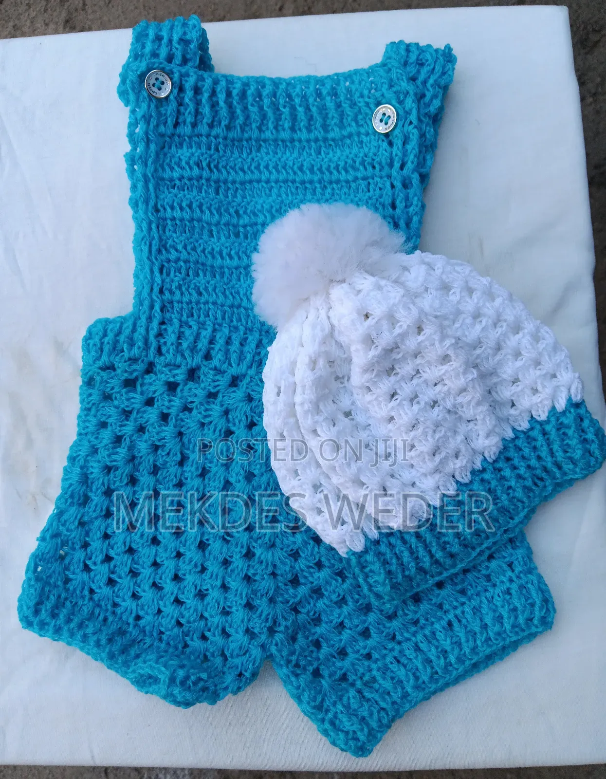 Crocheted Baby Romper and Beanie Set ( የህፃን ልብስ እና ኮፍያ )