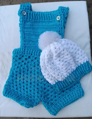 Photo - Crocheted Baby Romper and Beanie Set ( የህፃን ልብስ እና ኮፍያ )