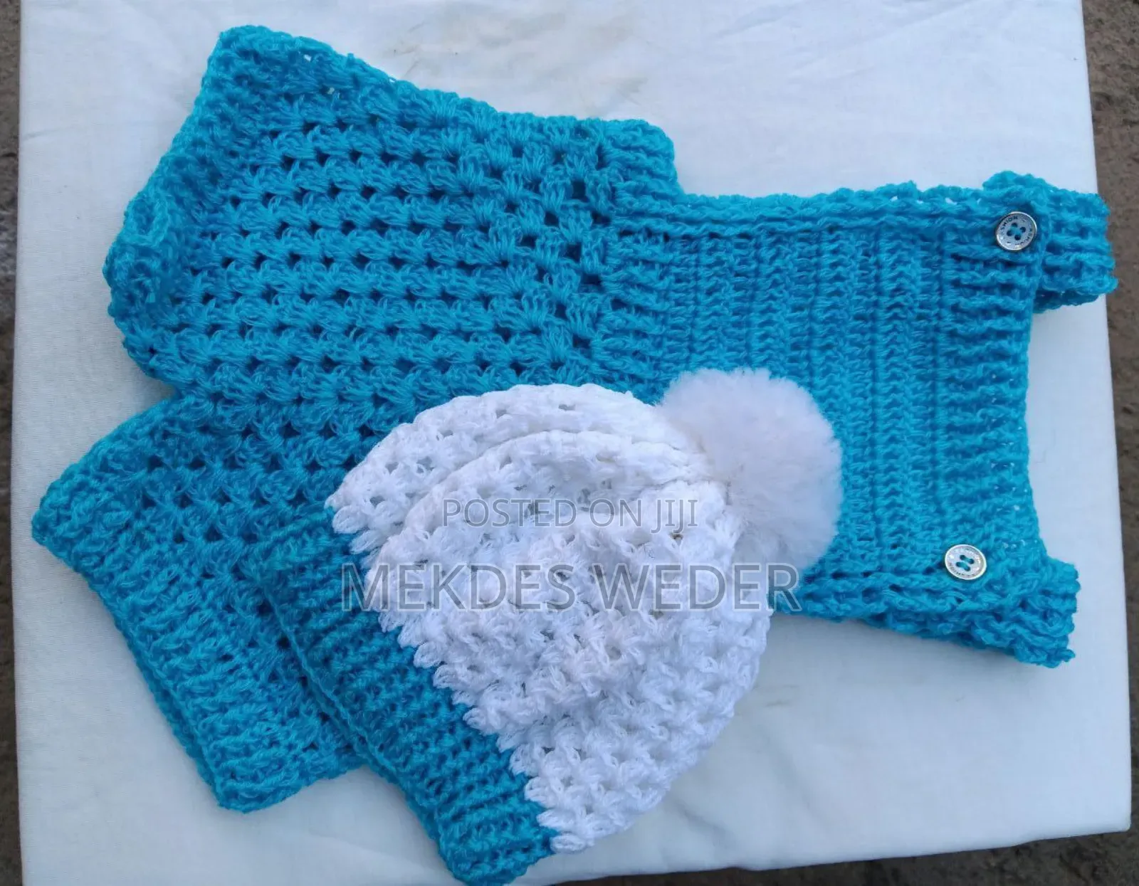 Crocheted Baby Romper and Beanie Set ( የህፃን ልብስ እና ኮፍያ )