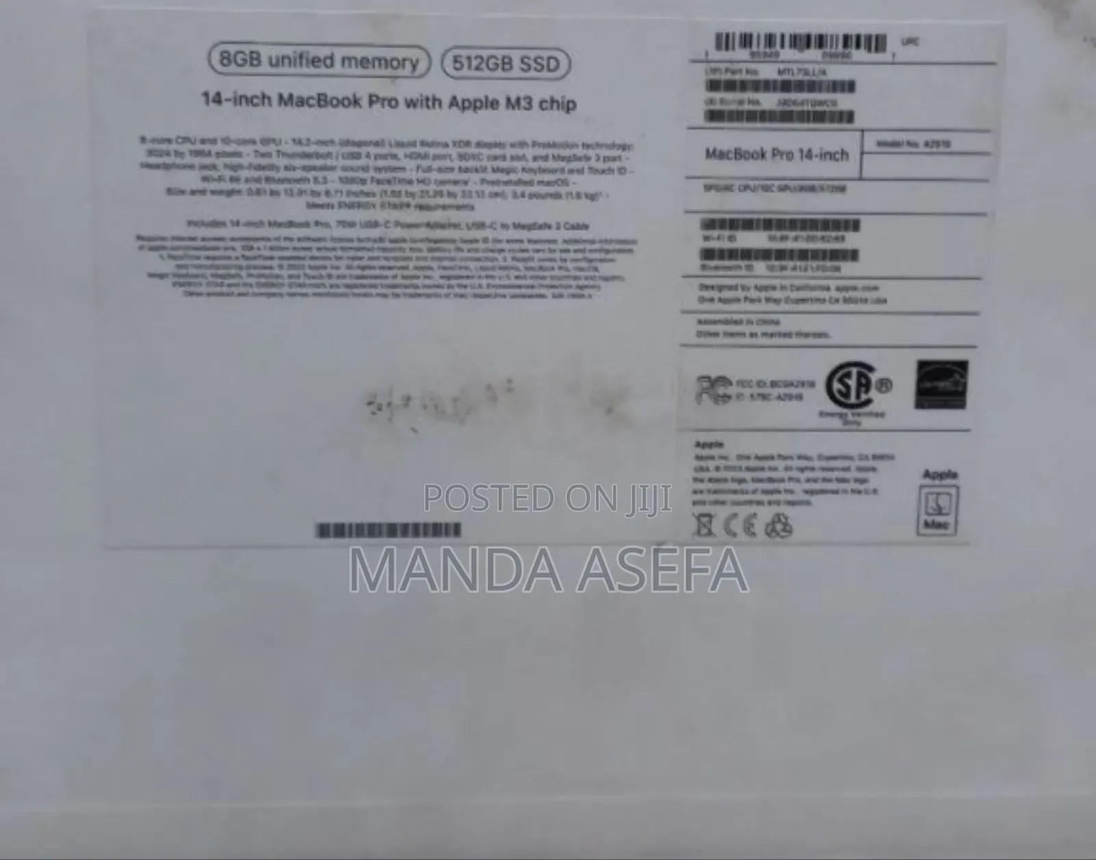 New Laptop Apple MacBook Pro 8GB Apple M3 SSD 512GB