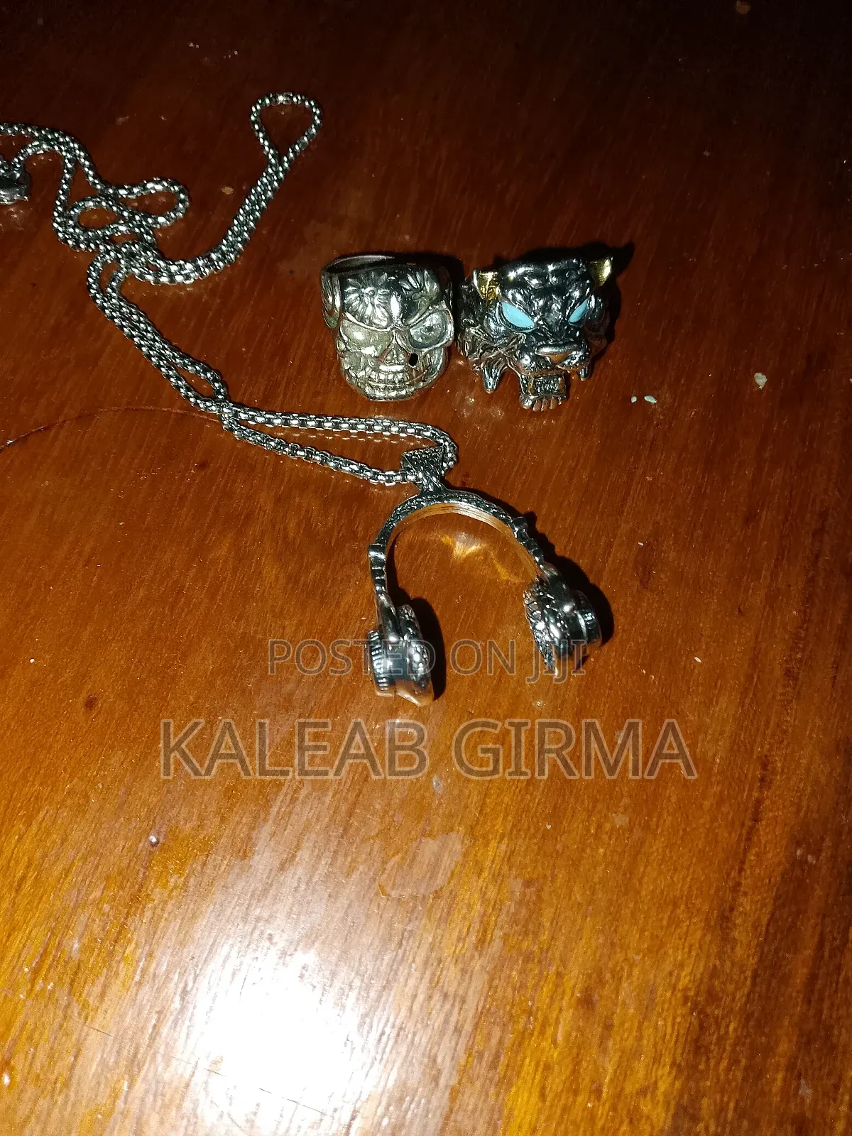 Stainless Steel Ring and Chain Smoking Skull Ring and Headset Chain