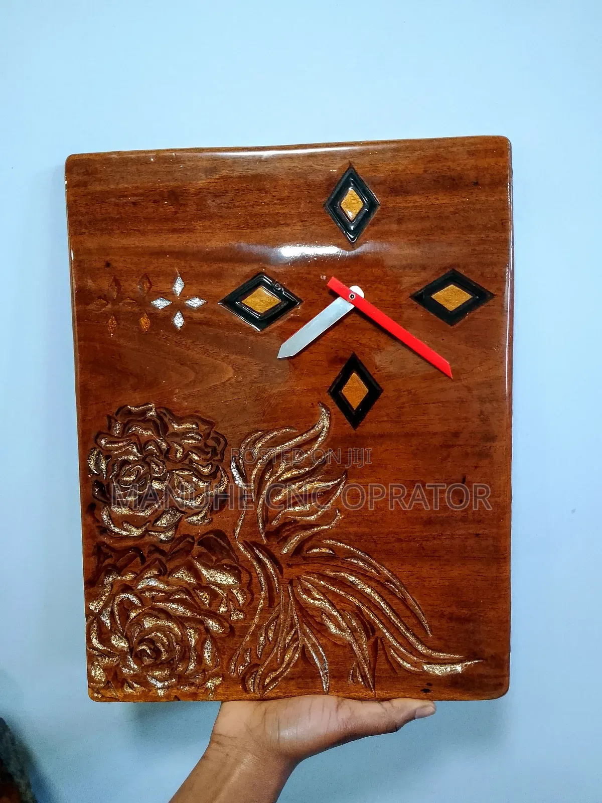 Wall Clock (Size33.5×25.5cm) Solid Wanza Wood, Hand Made( at Manuhe66