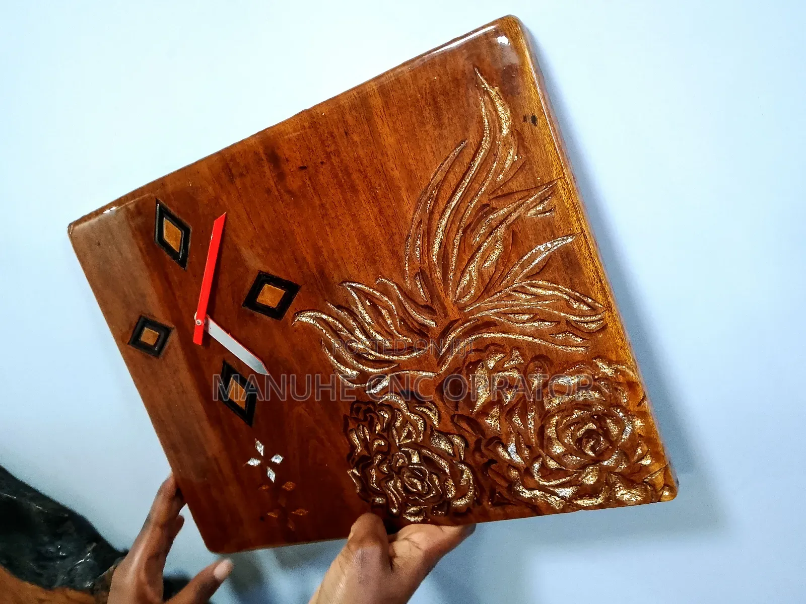 Wall Clock (Size33.5×25.5cm) Solid Wanza Wood, Hand Made( at Manuhe66