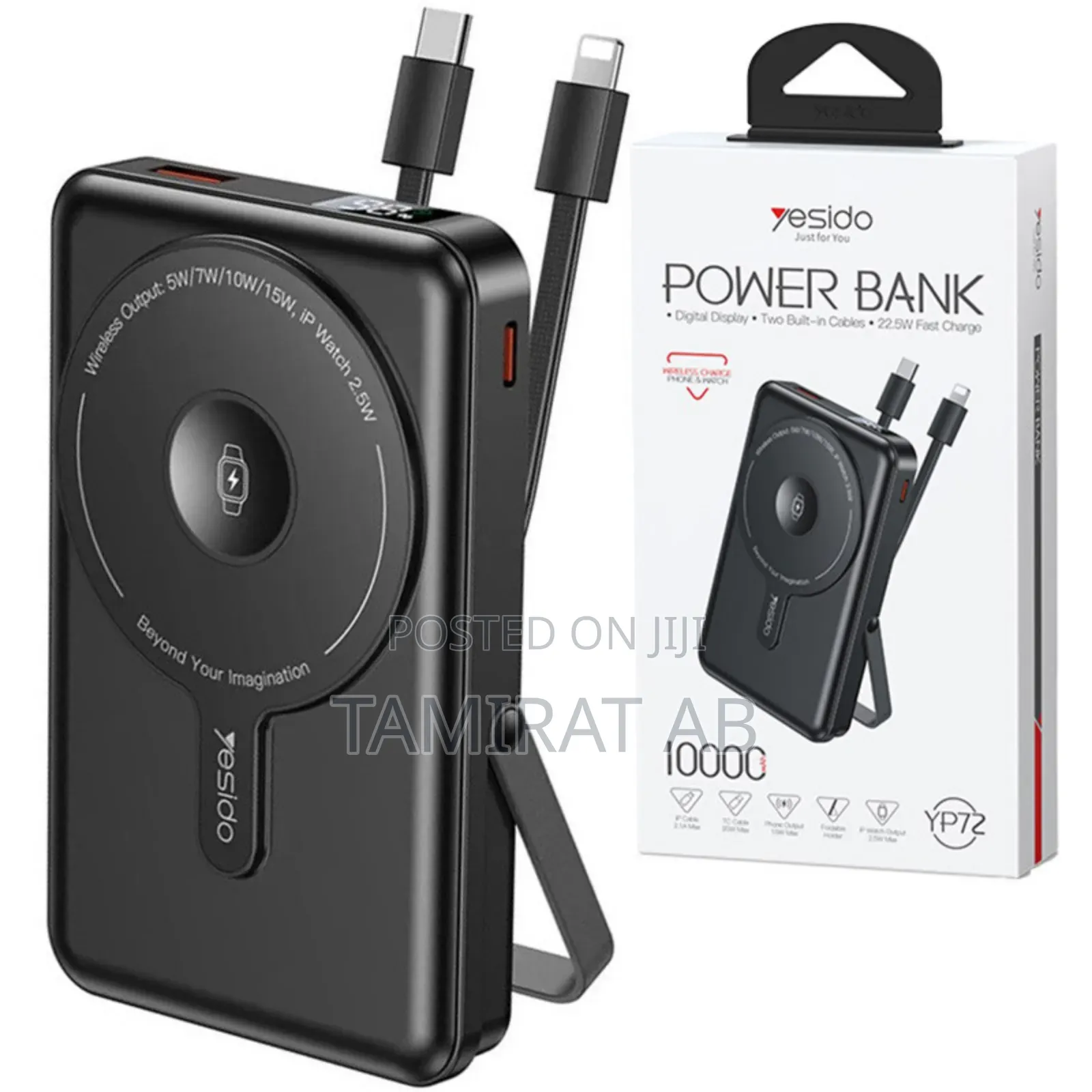 Yesido 10000mah Wireless Power Bank With Kickstand Usb-C + Ip Cables