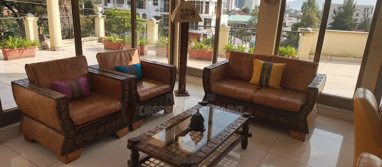 Elegant Brown Leather Sofa Set With Carved Wooden Frame