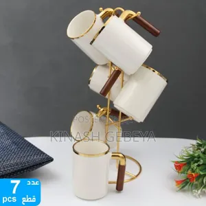 6 Set Ceramic Mugs With Golden Stand