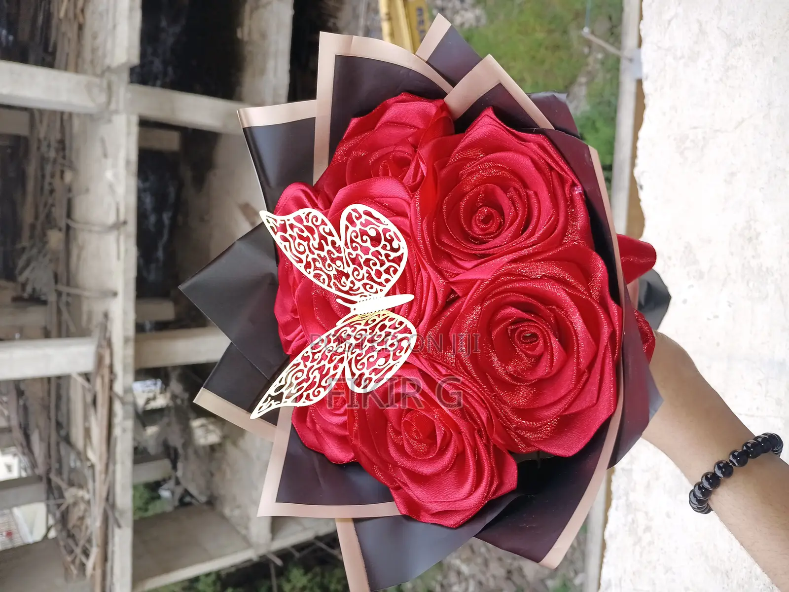 Red Ribbon/Artificial Flower Bouquet