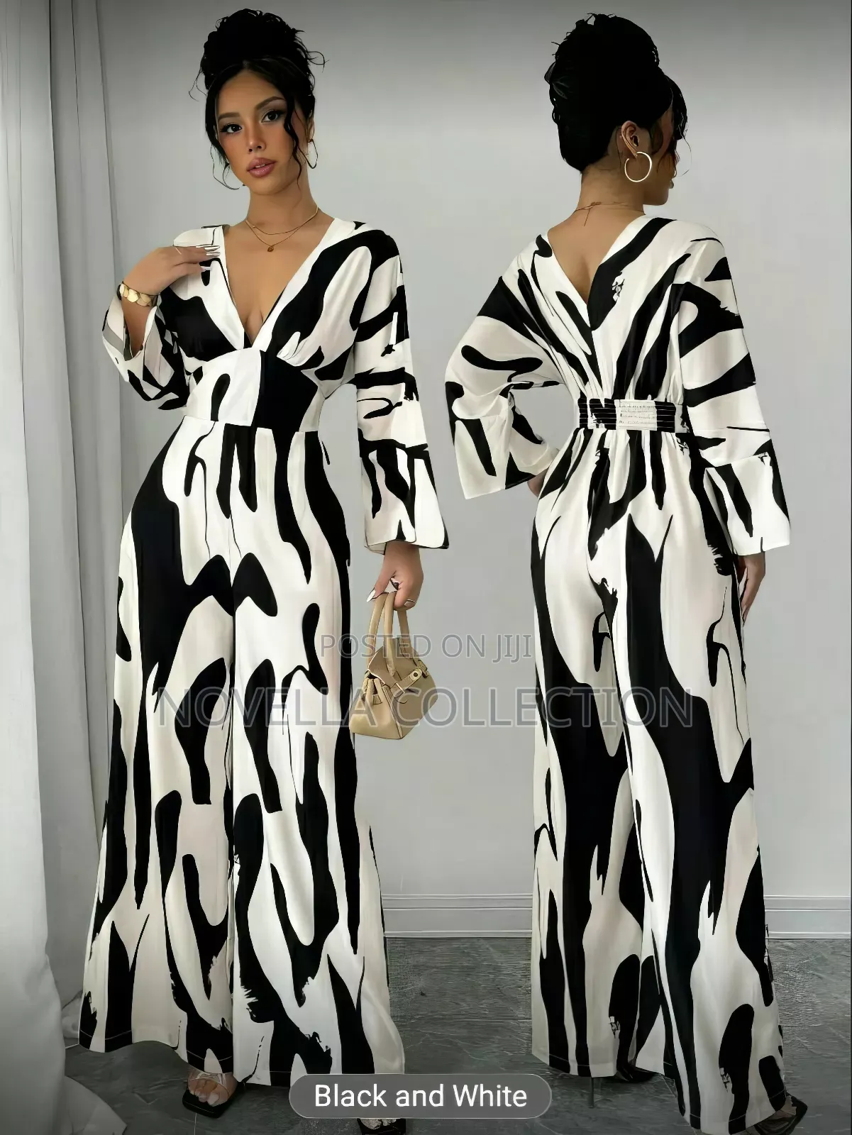 Women's Black White Tie High Waist Wide Leg Loose Casual Jumpsuit