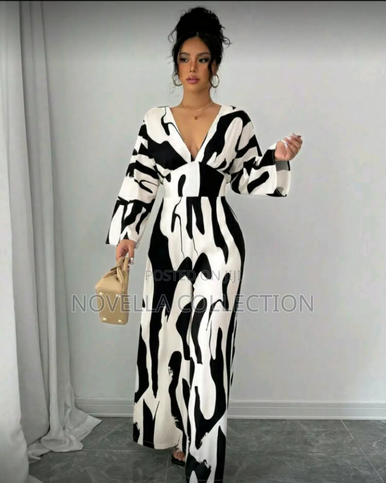 Women's Black White Tie High Waist Wide Leg Loose Casual Jumpsuit