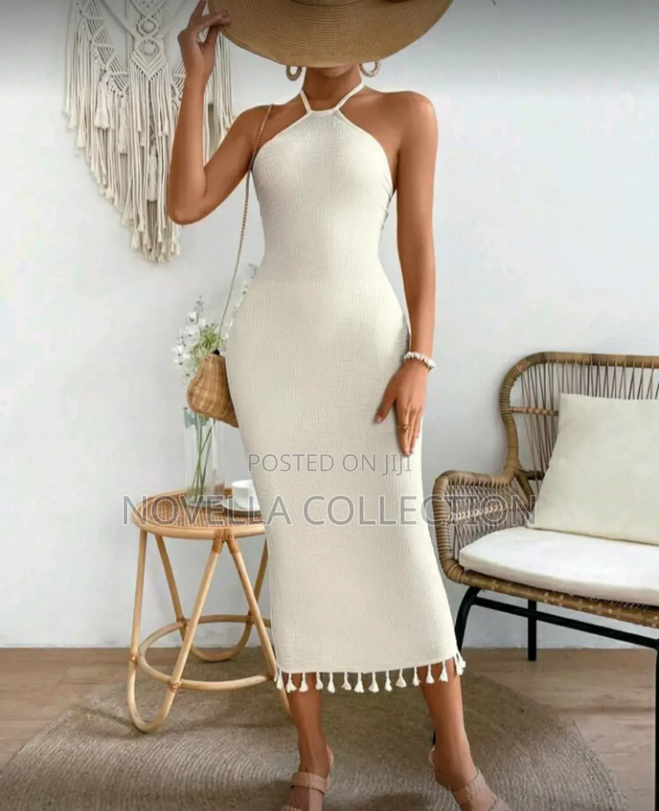 Neck Fringed Hem Dress Maxi Vacation Beach Outfits Women