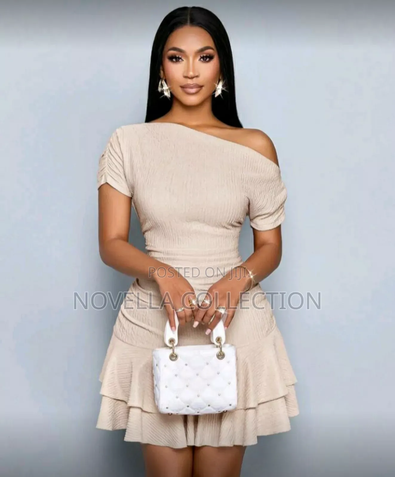 Asymmetrical Neck Long Sleeves Gathered Double Ruffle Mini Dress