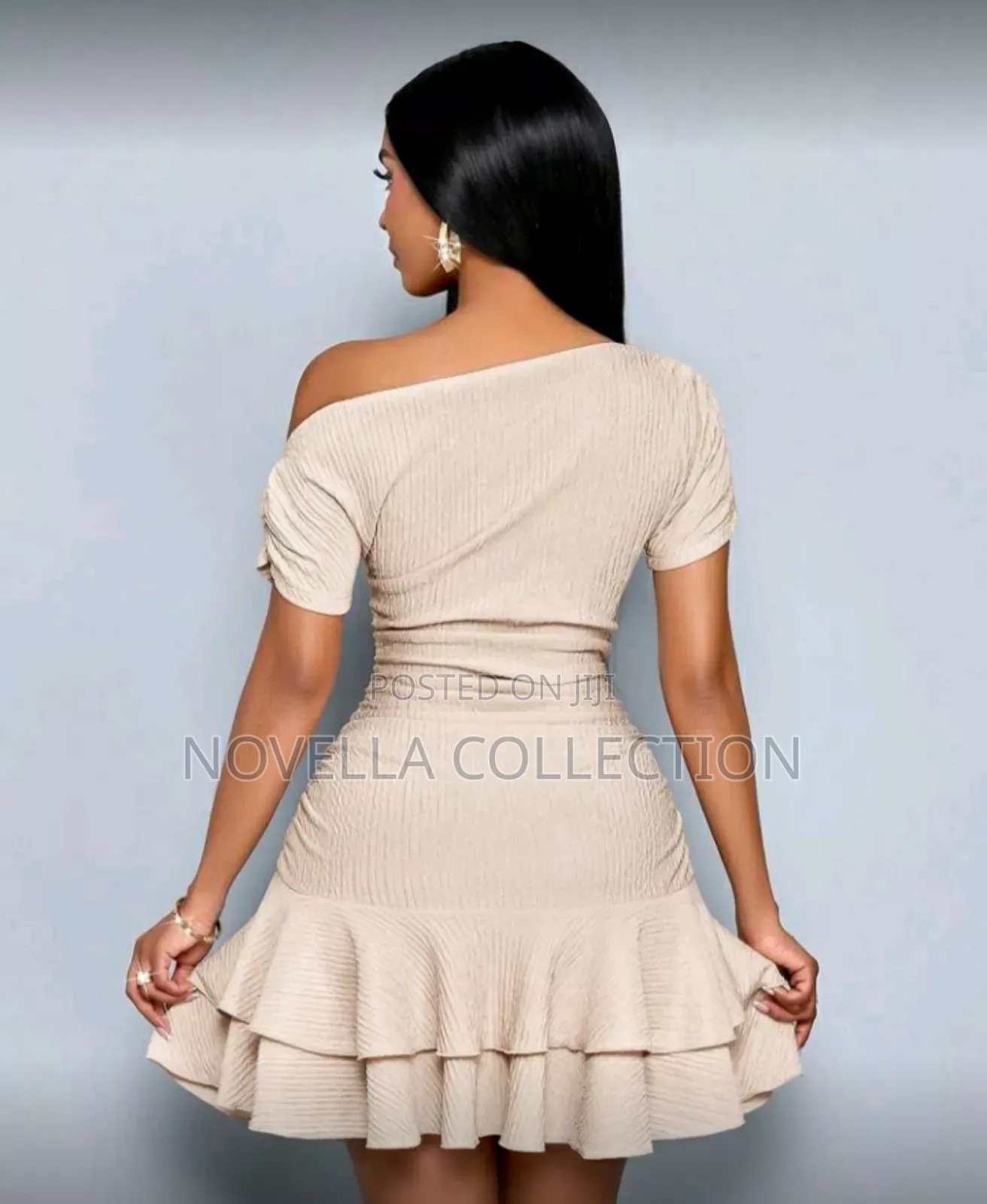 Asymmetrical Neck Long Sleeves Gathered Double Ruffle Mini Dress