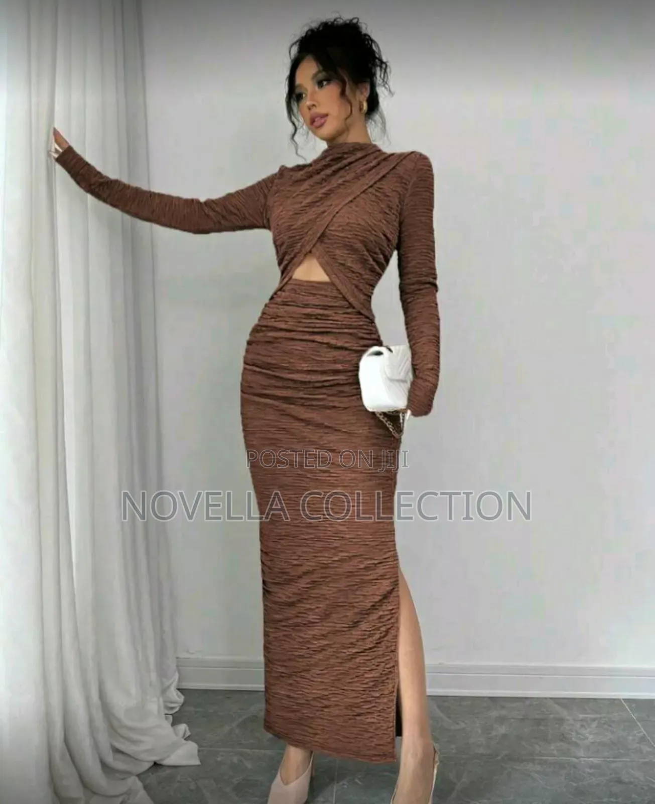 Women's Solid Color Long Sleeve Ruched Waist Cutout Casual Dress
