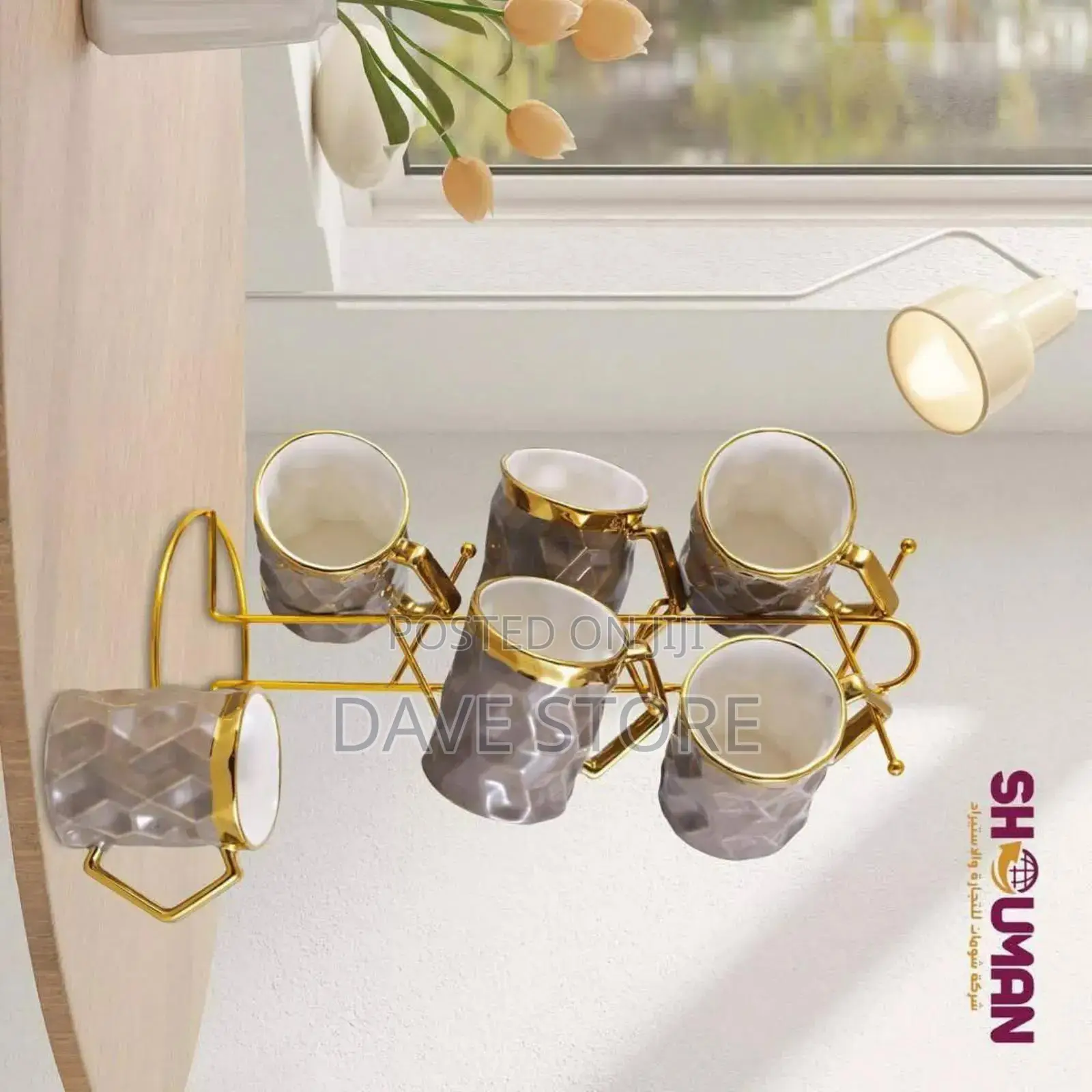 6set Ceramic Mugs With Golden Stand