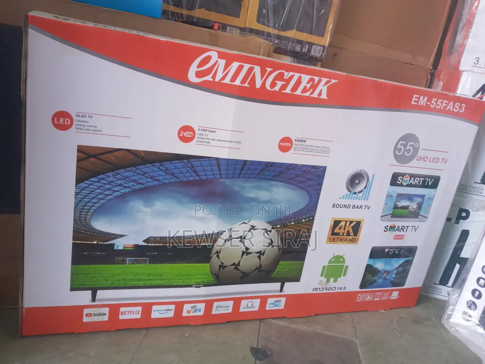 Emingtek 55inch Tv Smart Android 14 ፍሬም ለስ የሆነ