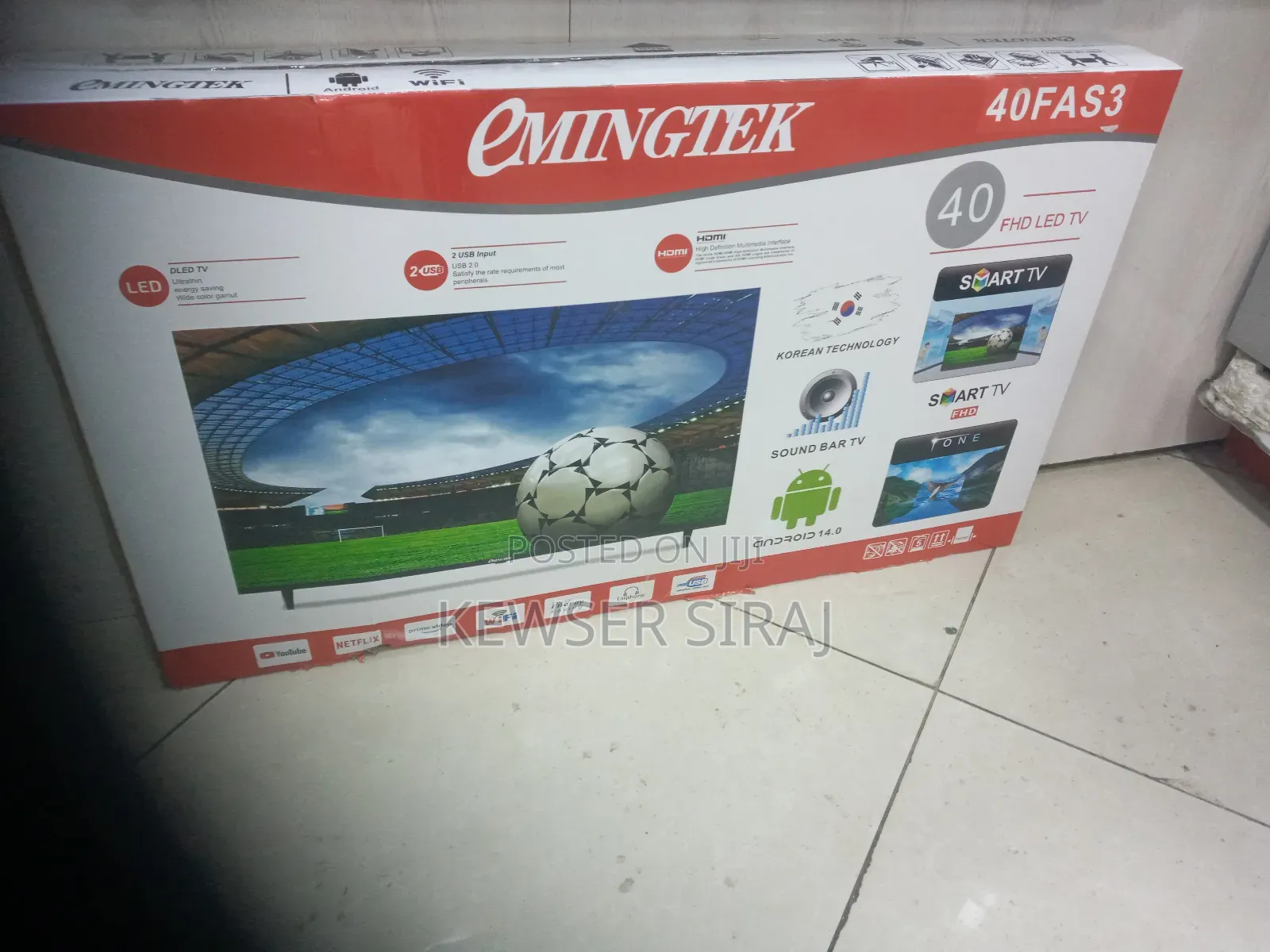 Emingtek 40 Inch Tv Android 14 ፍሬም ለስ የሆነ ጥርት አድርጎ የሚያሳይ