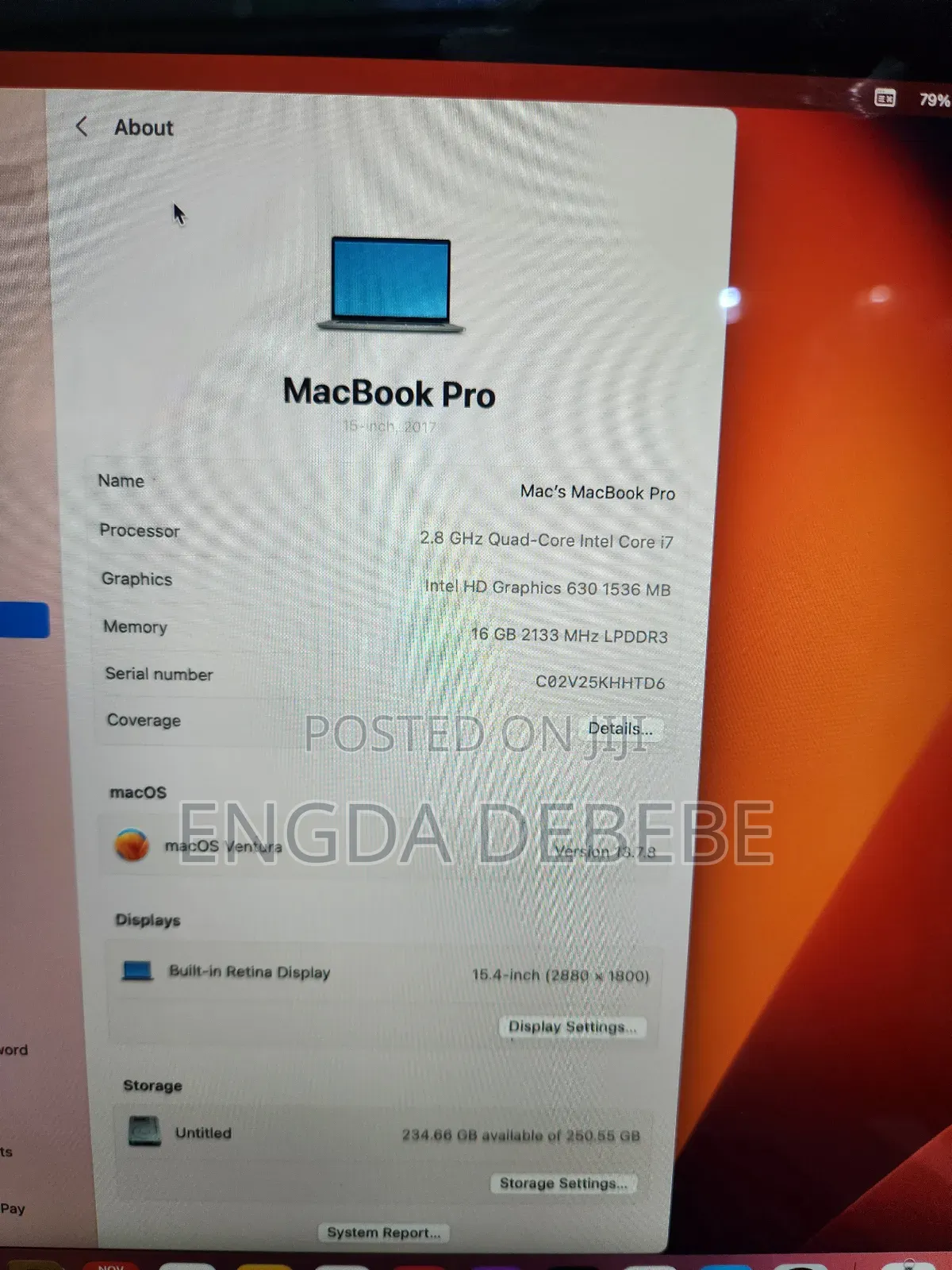 Laptop Apple MacBook Pro 2017 16GB Intel Core I7 SSD 256GB