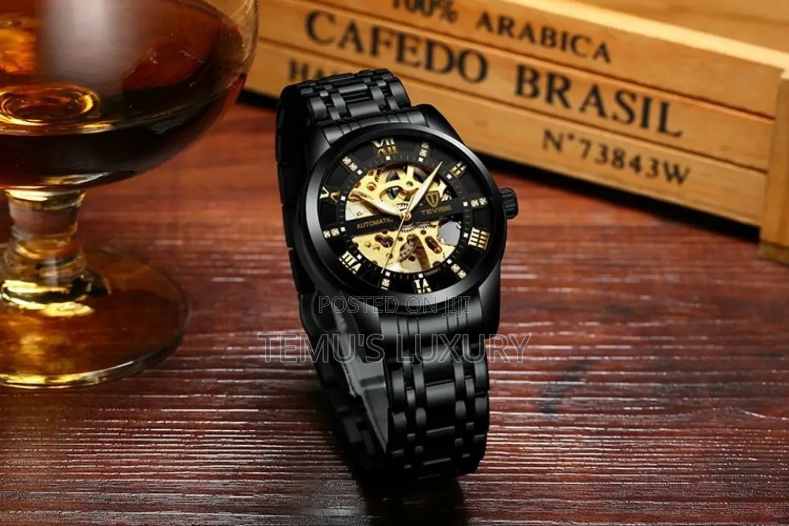 Tevise Stainless Steel Automatic Skeleton Mens Watch