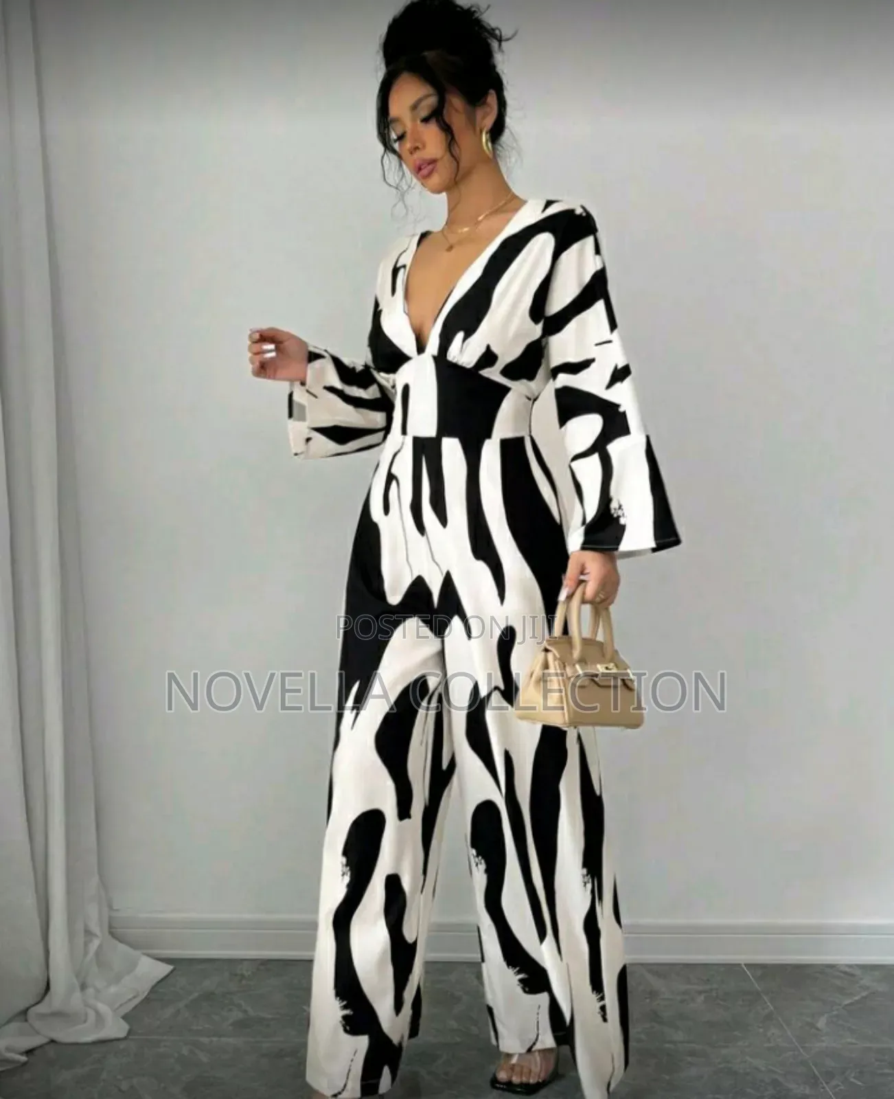 Asymmetrical Black White Jumpsuit, Waist Tie Casual Work Jumpsuit