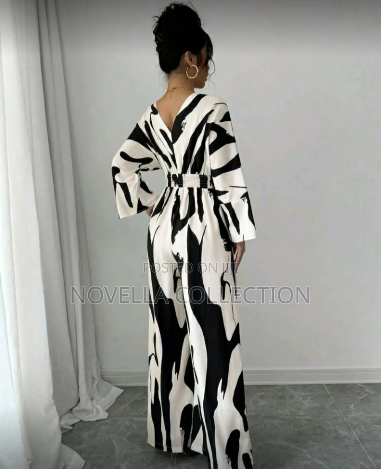 Asymmetrical Black White Jumpsuit, Waist Tie Casual Work Jumpsuit