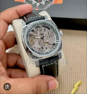 Skeleton Automatic Watch With a Silver-Tone Case and a Black Leather