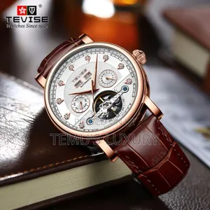 Tevise Skeleton Automatic Watch Genuine Leather Luminous Waterproof
