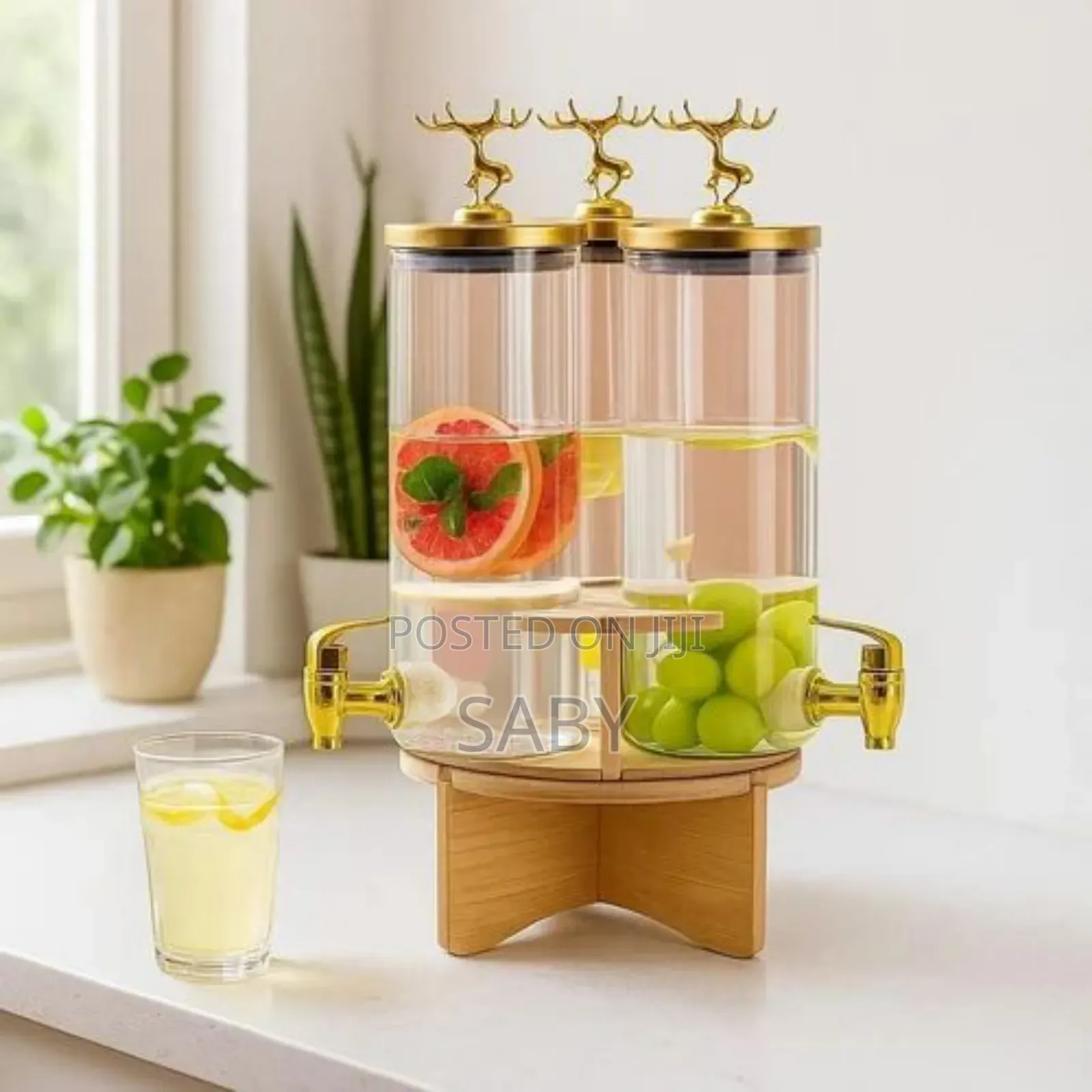 Rotating Glass Dispenser Jar With Wooden Rack