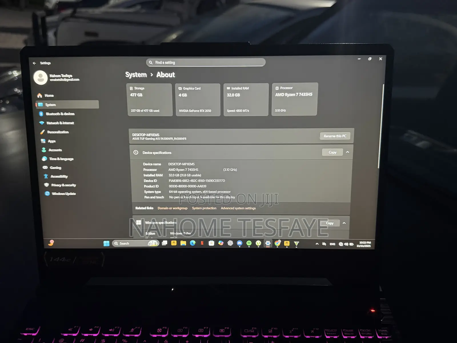 Laptop Asus TUF Gaming A15 32GB Nvidia HDD+SSD 512GB