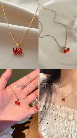 New Wine Red Cherry Gold Colour Pendant Necklace for Women