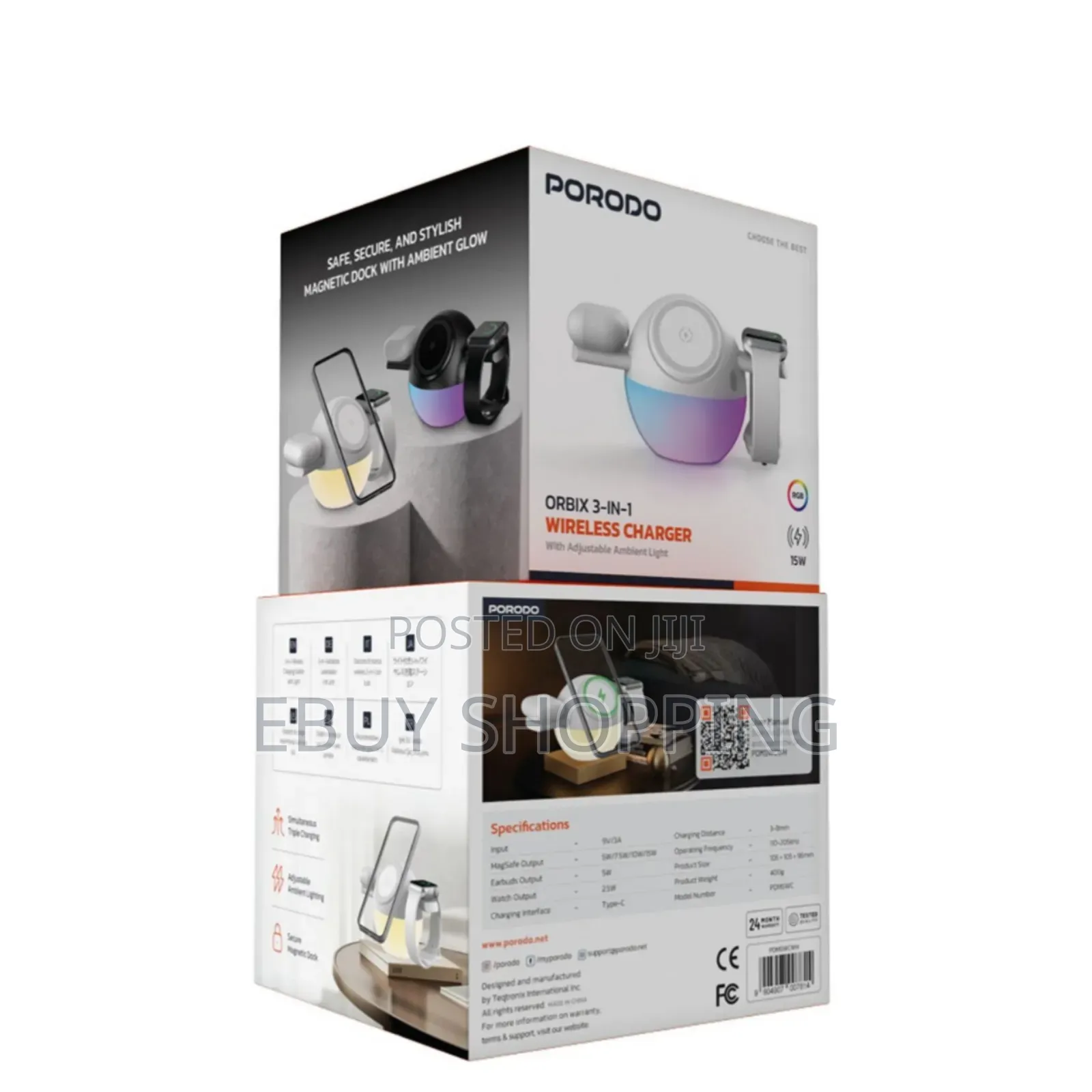 Porodo Orbix 3-in-1 Wireless Charger With Adjustable Ambient Light