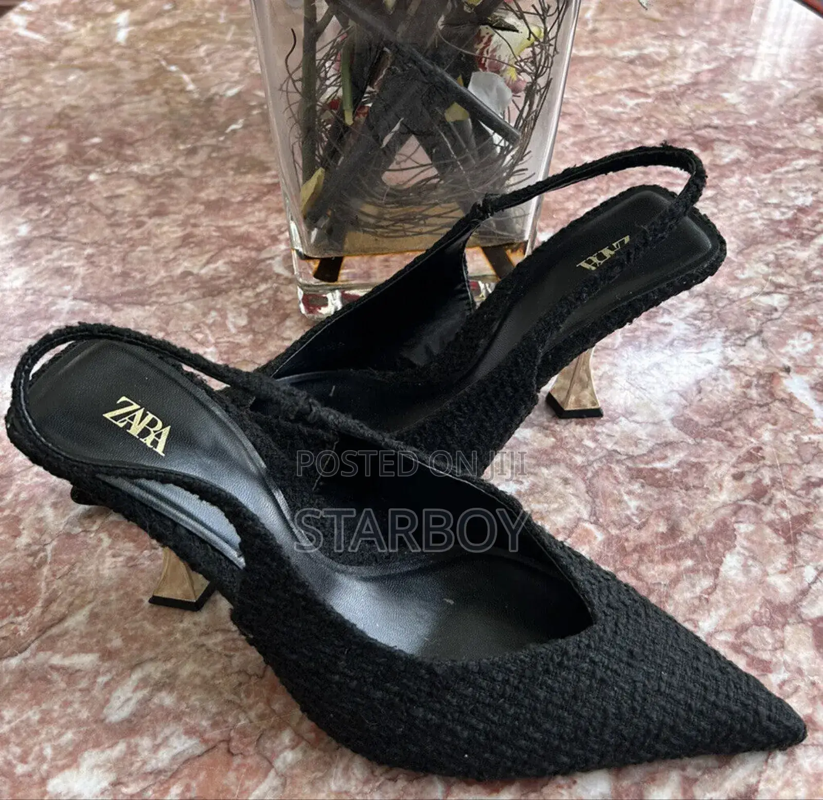 Zara Elegant Black Slingback High Heels–Bouclé Texture Designer Finish