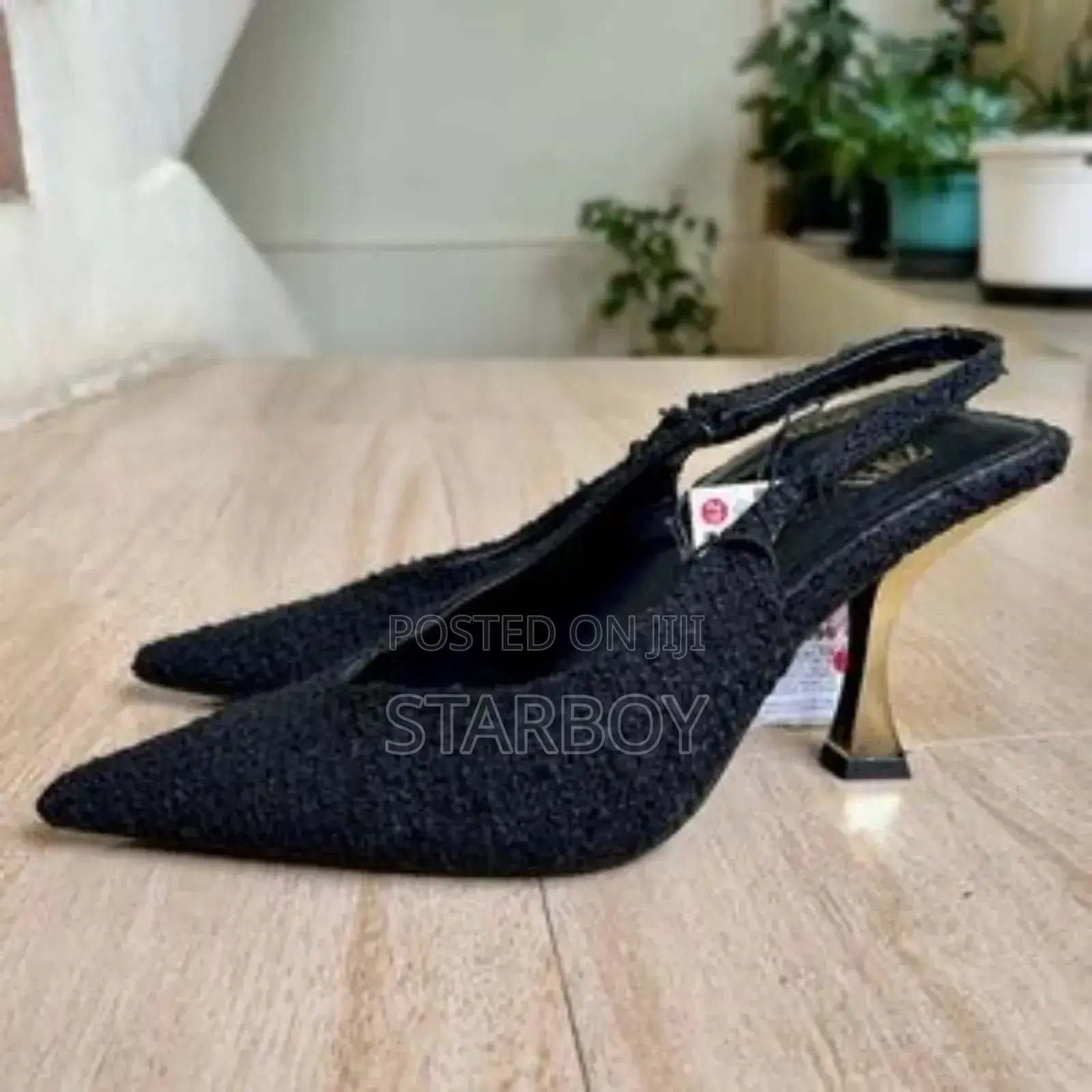 Zara Elegant Black Slingback High Heels–Bouclé Texture Designer Finish