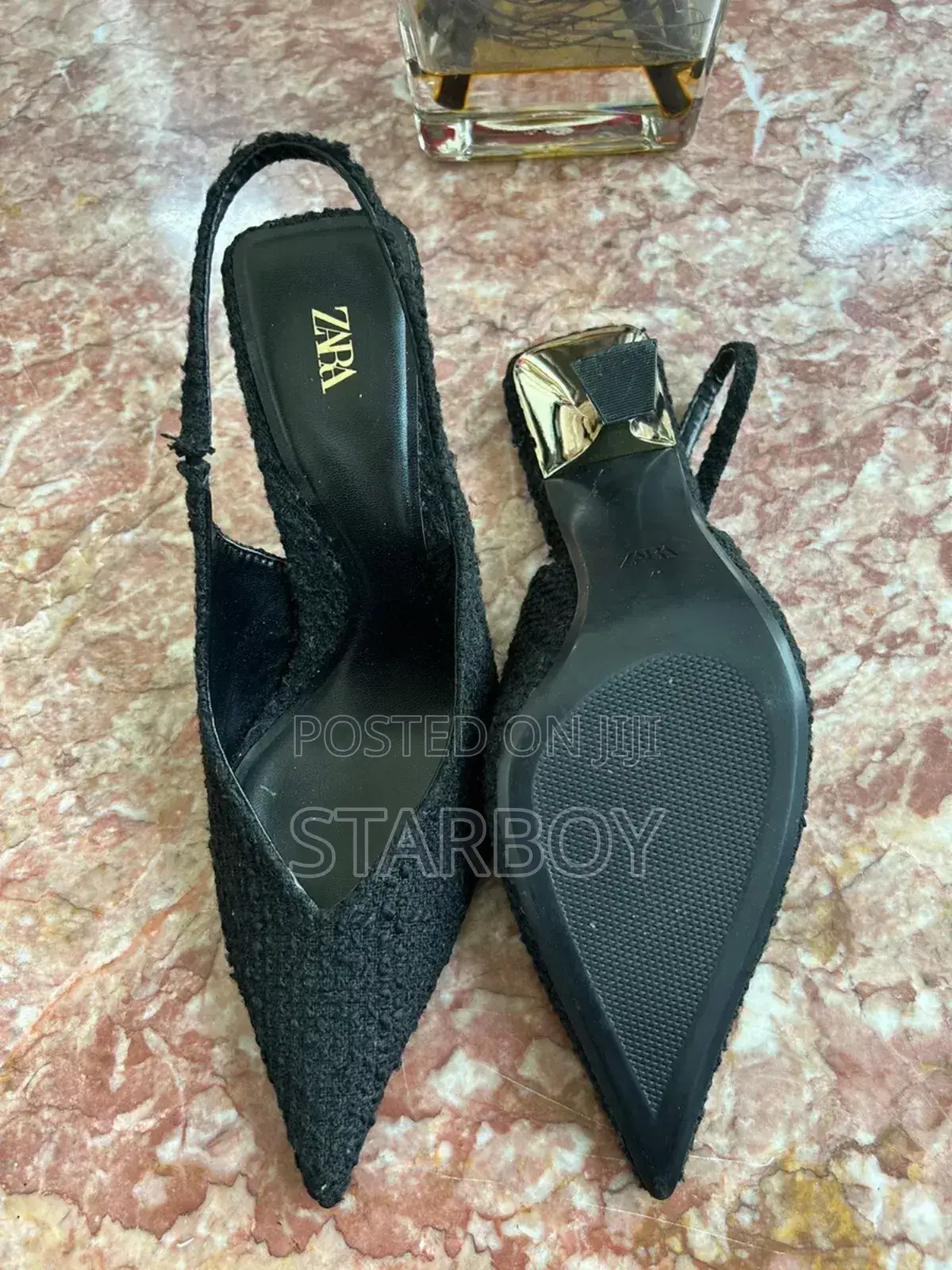 Zara Elegant Black Slingback High Heels–Bouclé Texture Designer Finish