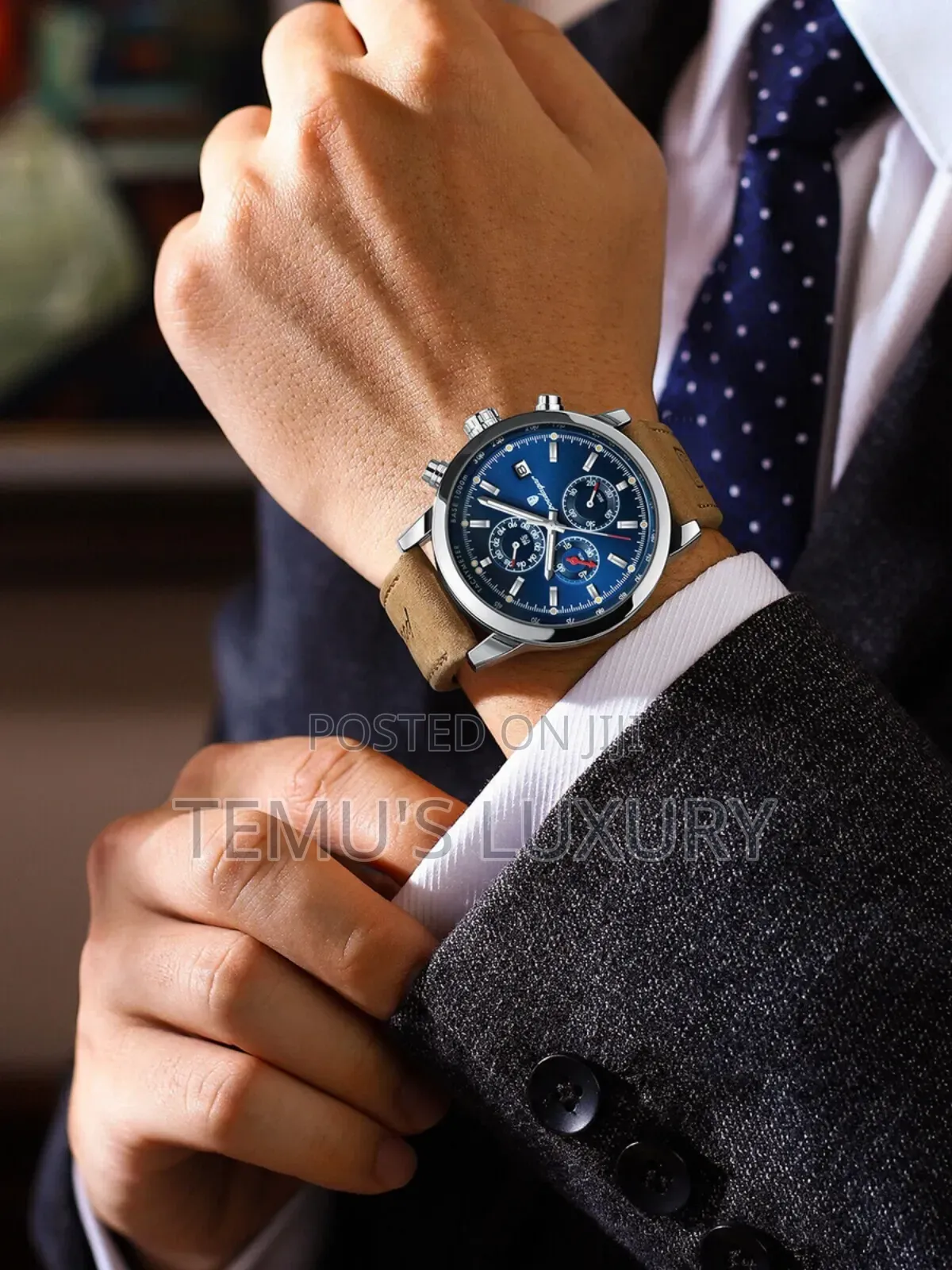 Luxury Mens Watch Waterproof Chronograph Leather Quartz Wristwatch