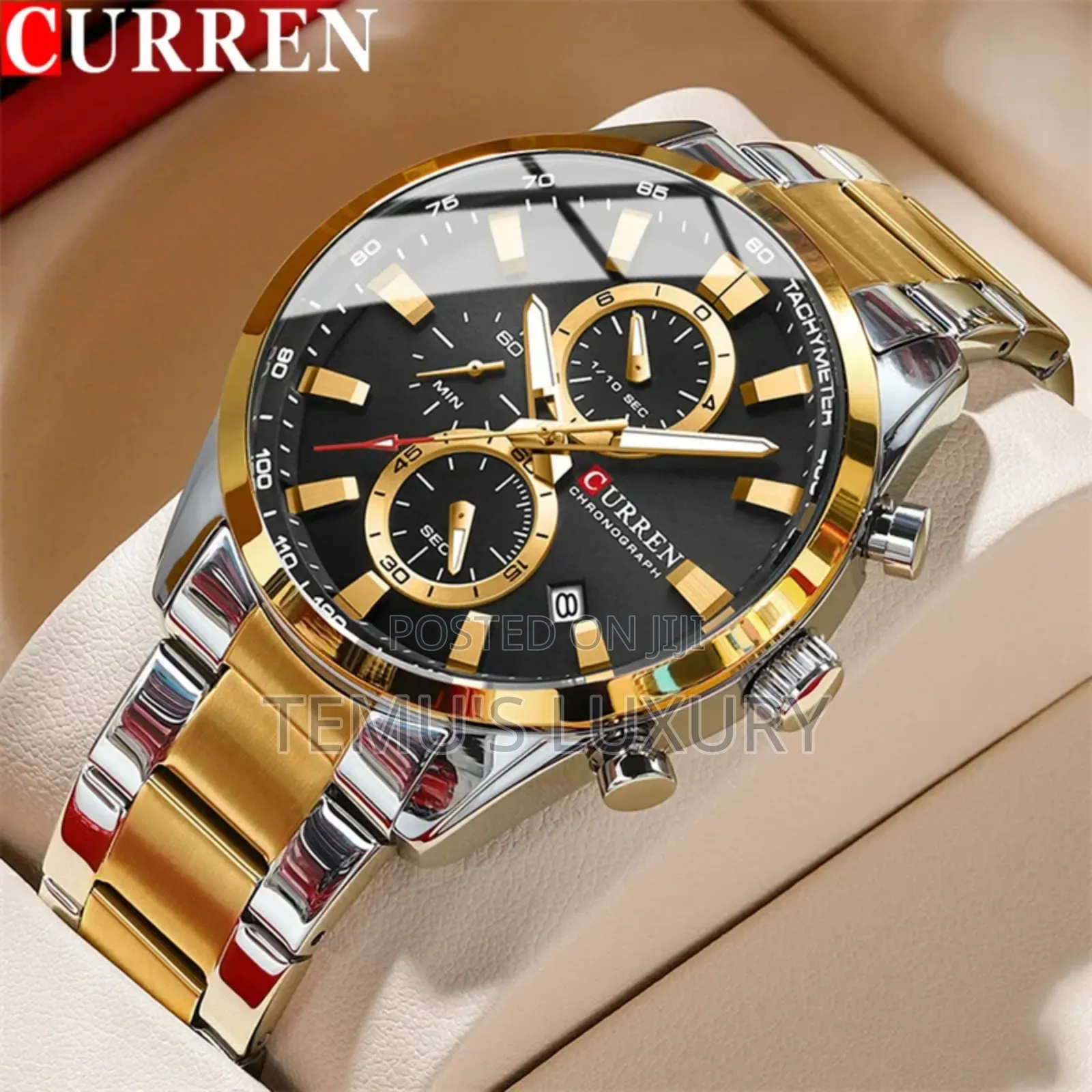 Elegant Curren Men's Black Gold Dial Quartz Wristwatch