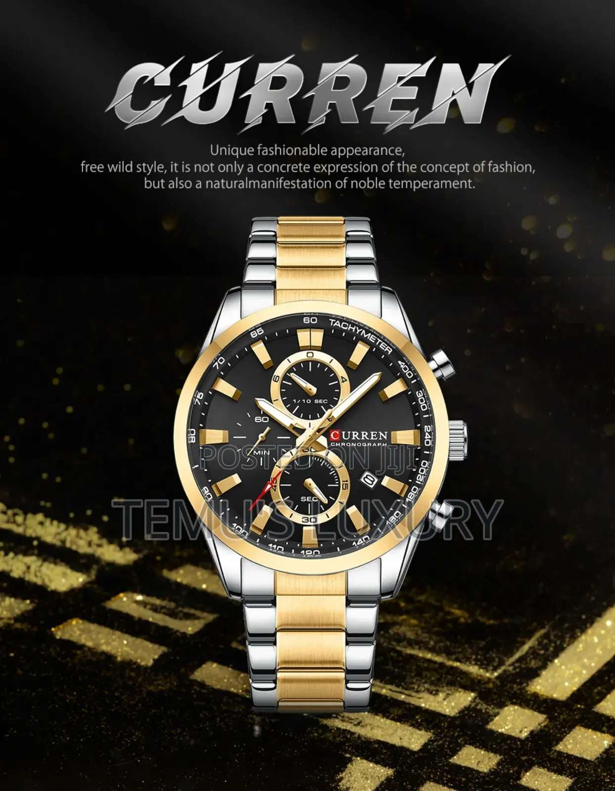 Elegant Curren Men's Black Gold Dial Quartz Wristwatch