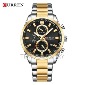 Elegant Curren Men's Black Gold Dial Quartz Wristwatch