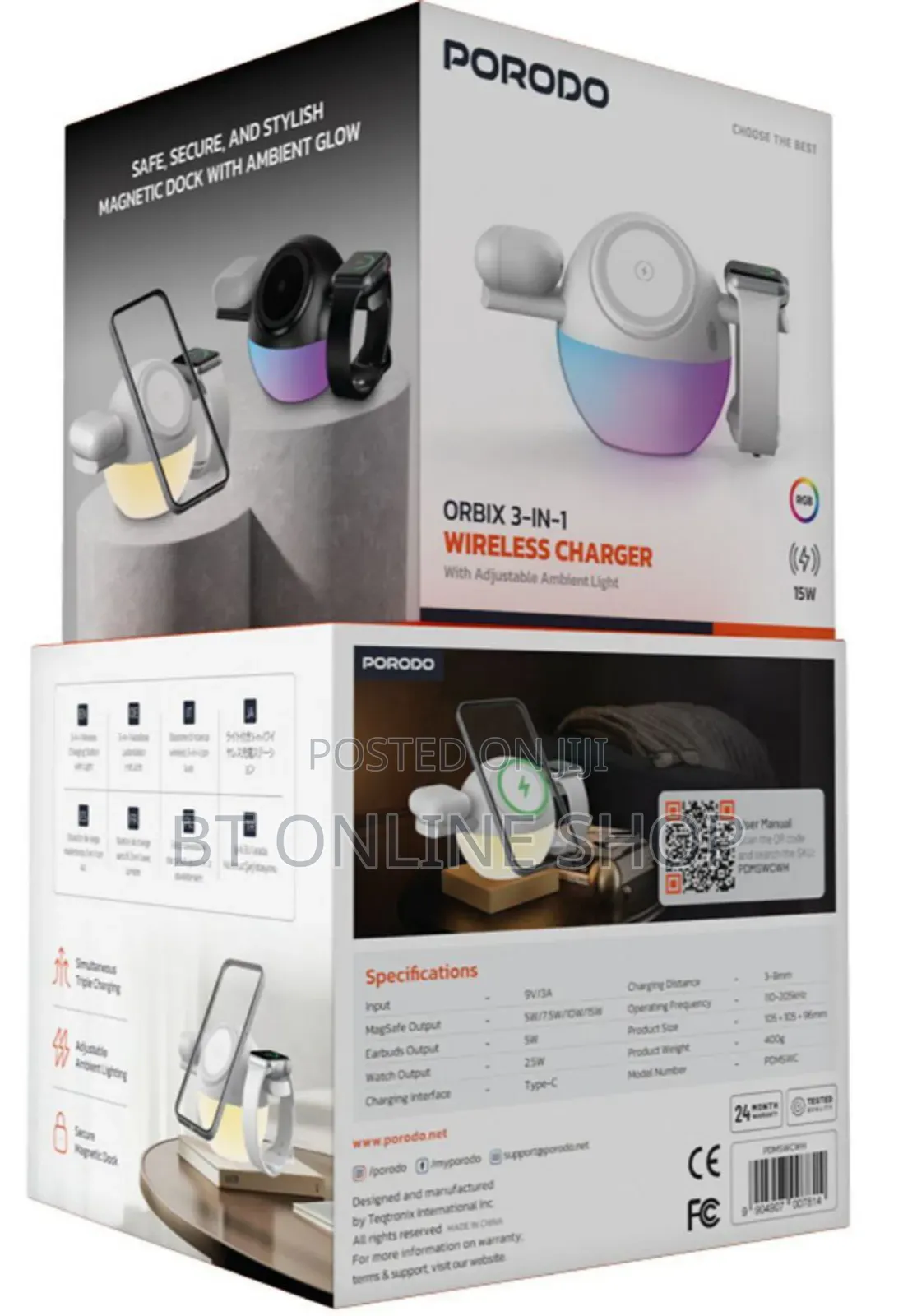 Porodo Orbix 3-in-1 Wireless Charger With Adjustable Ambient Light