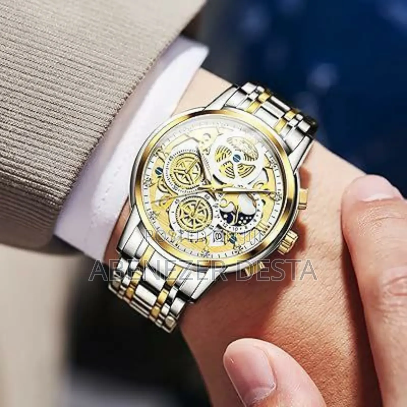 Olevs 9947 Men's Skeleton Watch With a Two-Tone Silver and Gold